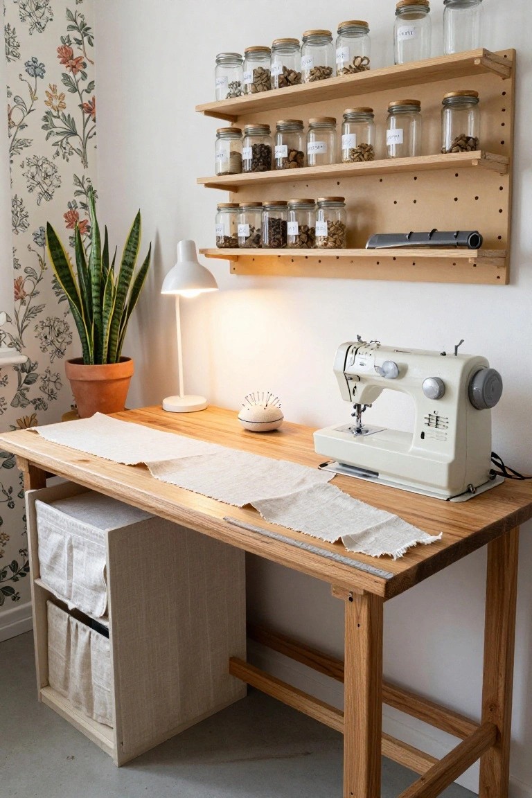 Wooden desk with white sewing machine and linen fabric, under wooden wall shelves holding glass jars of buttons, threads, and dried goods, next to a potted snake plant in a room with floral wallpaper.