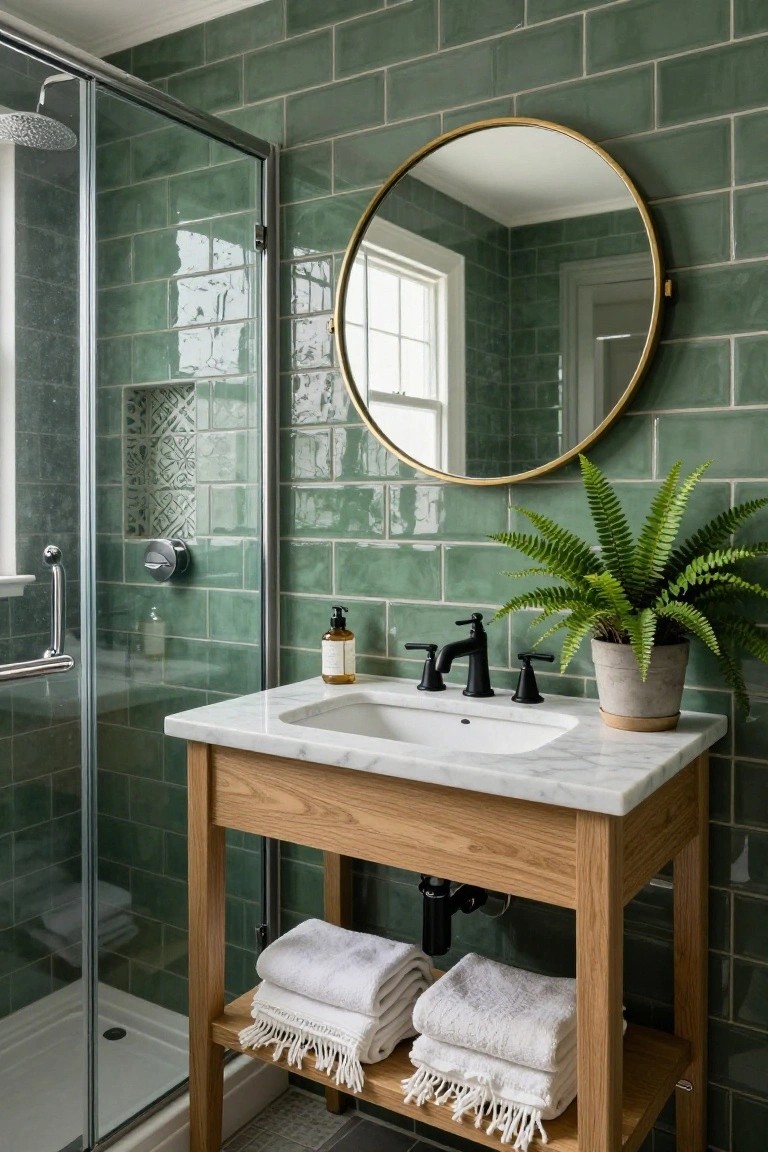 A bathroom with glossy sage green subway tile walls, glass shower enclosure, oak vanity with white marble sinktop and black faucet, gold round mirror, soap dispenser, folded white towels, and potted fern plant.