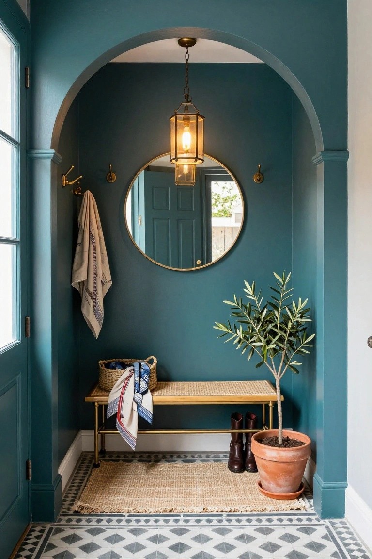 Teal-painted arched indoor entry alcove with rattan bench, gold round mirror, coat hooks with towel, olive tree in terracotta pot, hanging lantern light, boots on floor, seagrass rug, and checkered tile flooring.