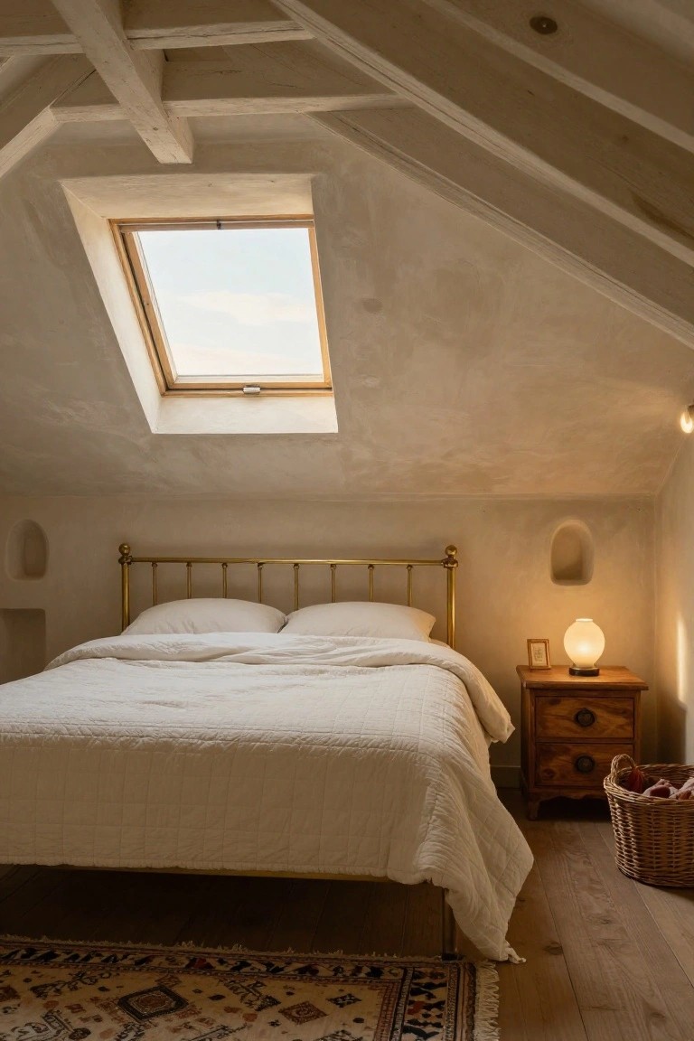 Cozy attic bedroom with brass bed, skylight, and wooden nightstand.