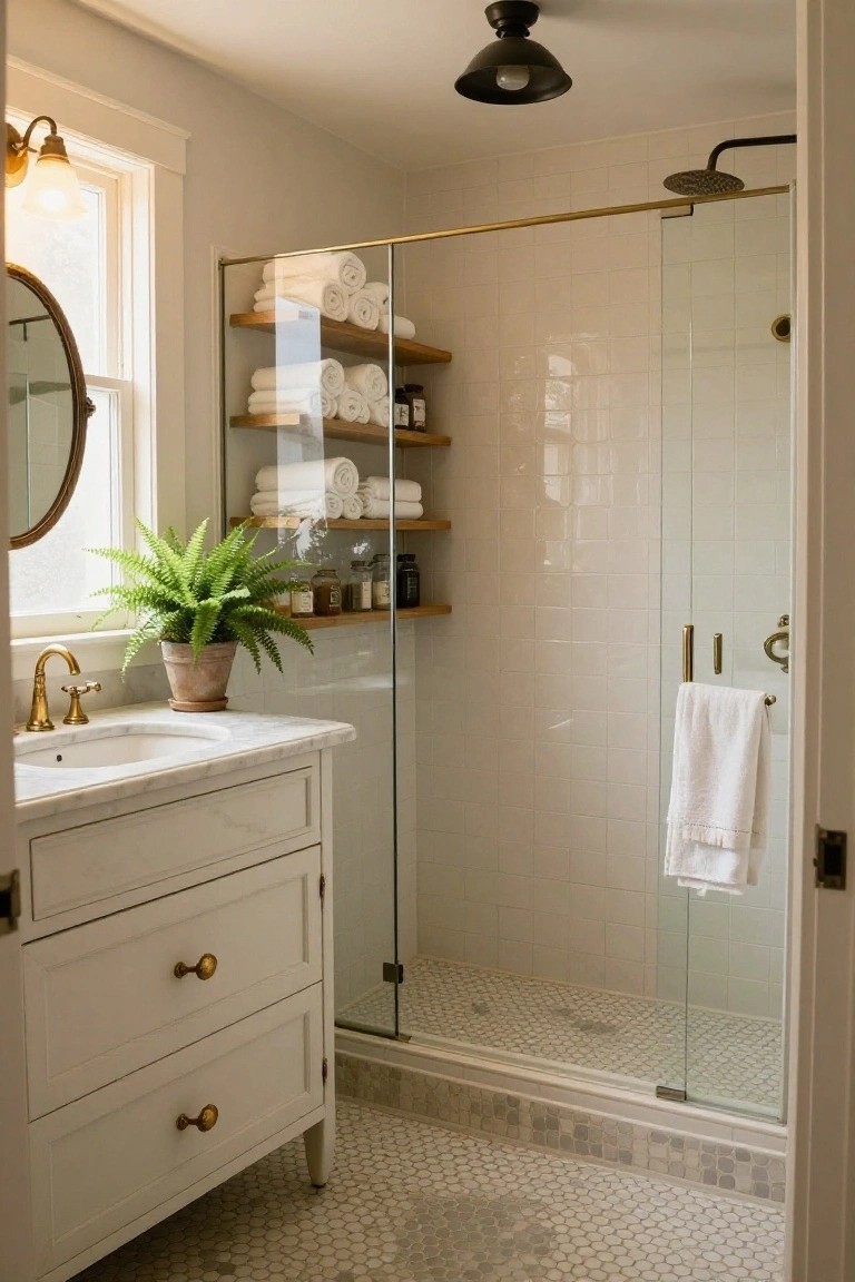 Modern bathroom with white tile shower, marble vanity, and wooden shelves.