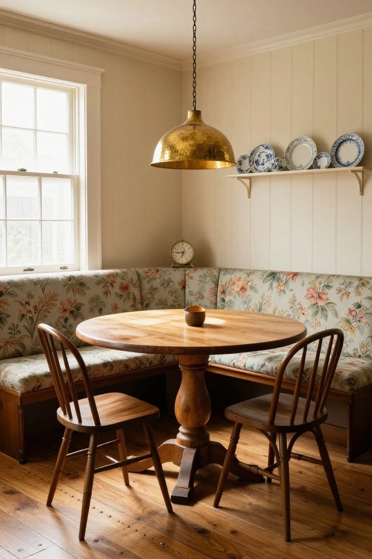 Cozy wooden breakfast nook with floral banquette, round table, and brass pendant light.