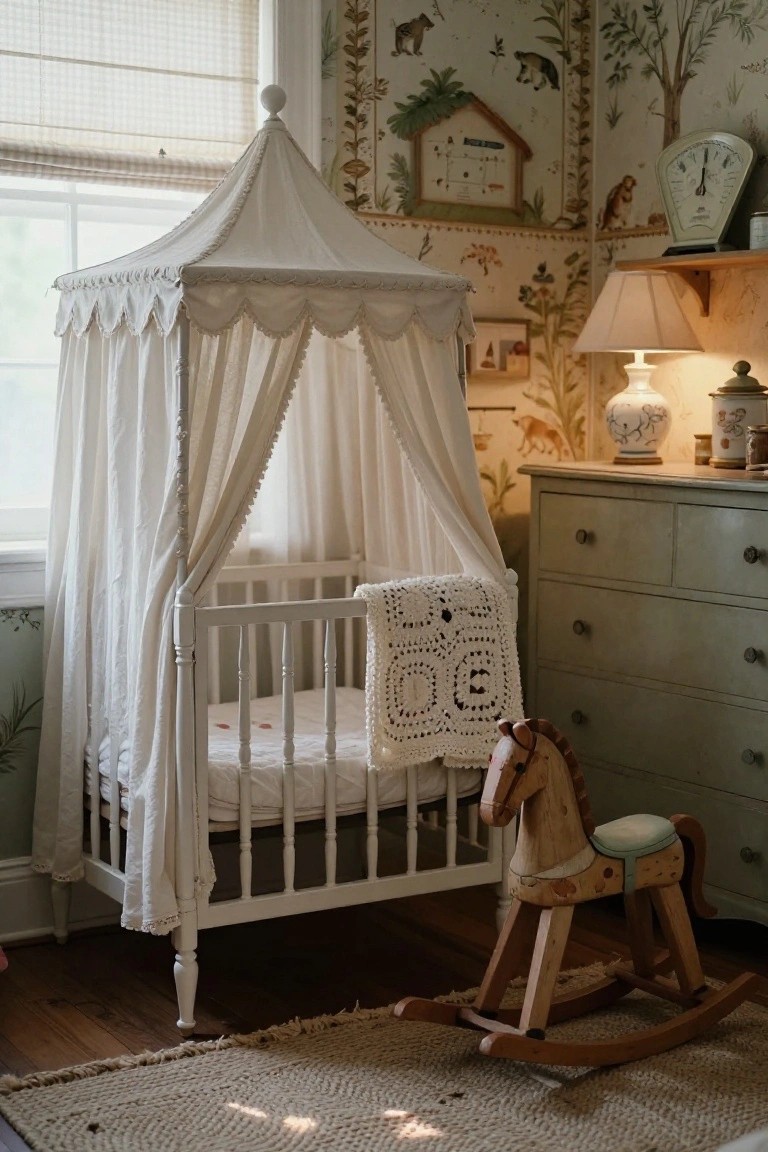 White wooden crib with sheer white canopy drapes in a nursery featuring floral and animal wallpaper, green dresser, rocking horse, and woven rug on wooden floor.