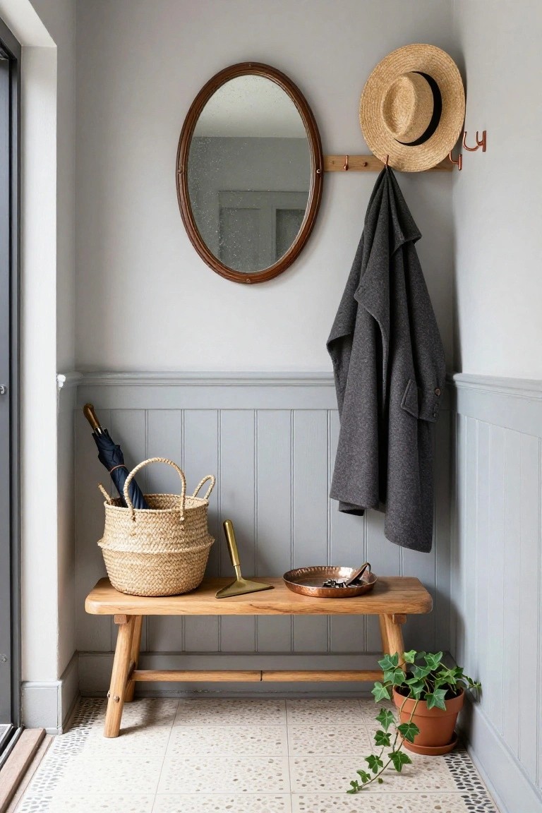 Narrow indoor hallway with light blue wainscoting, wooden bench with peg legs, wicker baskets holding umbrellas next to it, coat rack with gray coat and straw hat above, oval mirror on wall, potted ivy plant, and pebble-patterned tile floor.