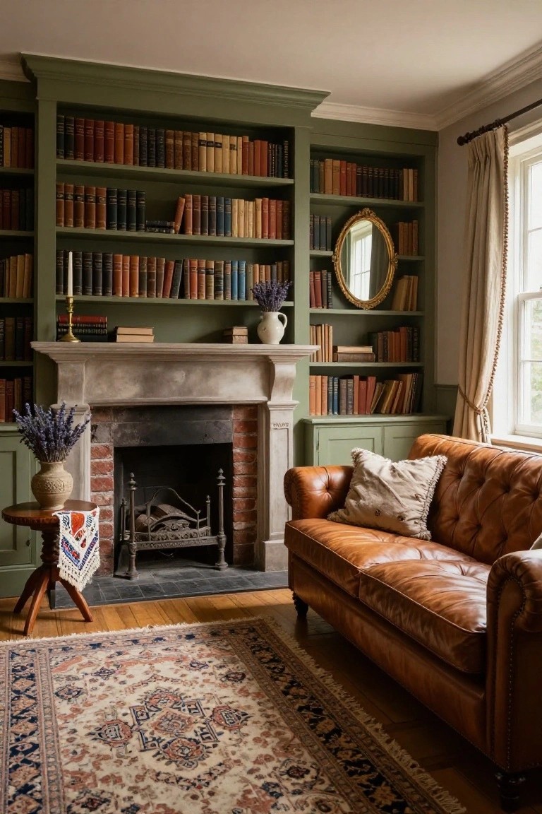 Green-painted built-in bookshelves lining walls around a limestone fireplace in a room with tan leather sofa, lavender bouquet on side table, brass candlestick, oval mirror, and patterned rug on wood floor.