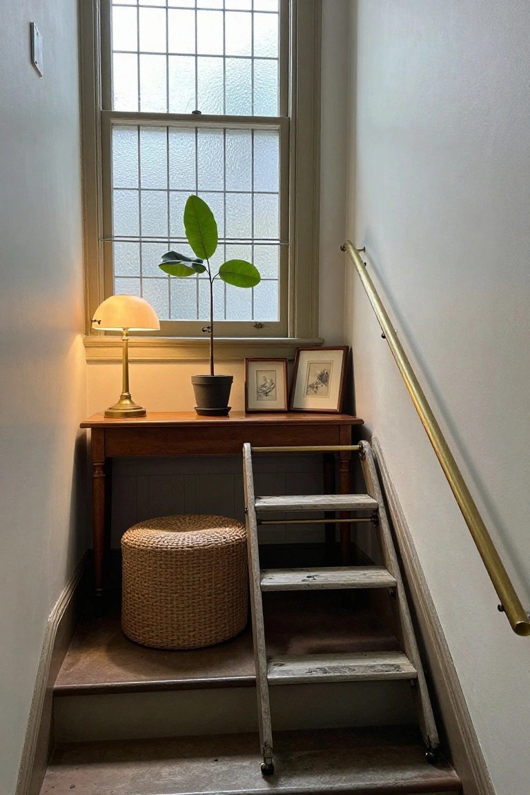 Narrow stairwell with wooden console table holding brass lamp and framed pictures, potted plant beside it, woven pouf stool, brass handrail, and frosted window.