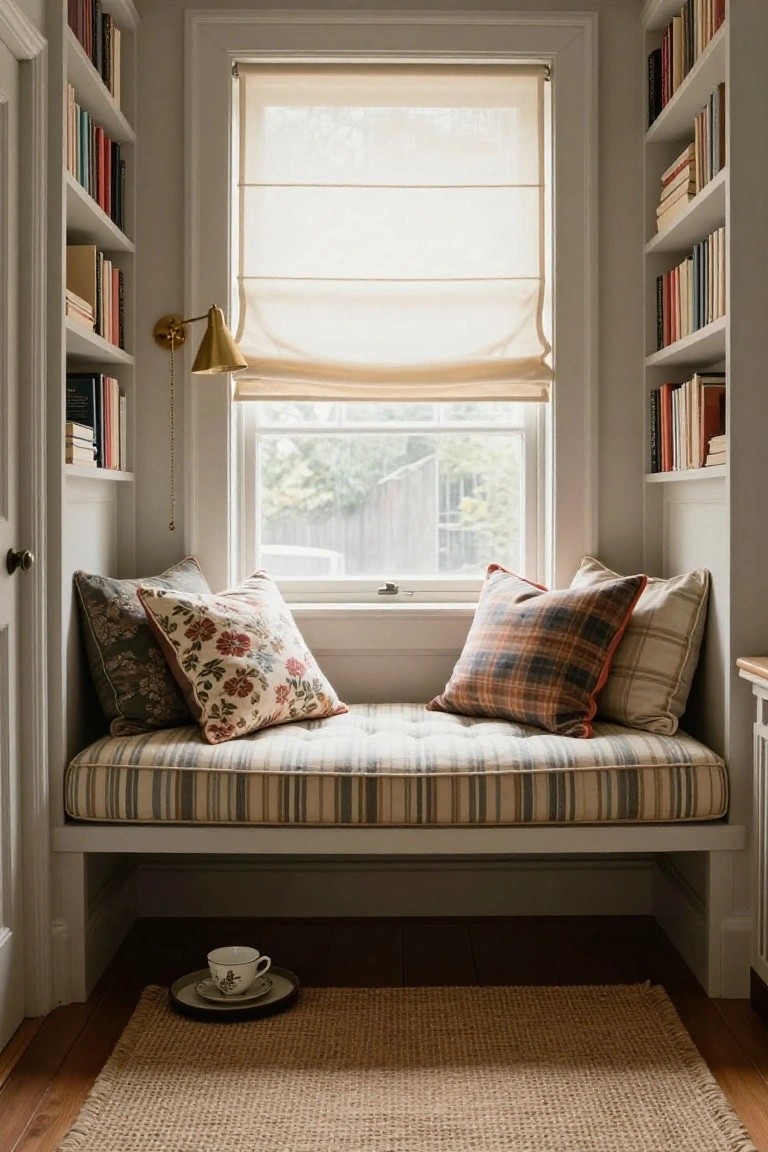 Window seat bench with colorful pillows flanked by bookshelves in a narrow room, gold wall lamp, sheer shade on window, teacup and saucer on seagrass rug.