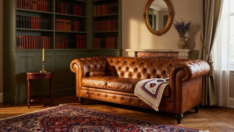Green-painted built-in bookshelves lining walls around a limestone fireplace in a room with tan leather sofa, lavender bouquet on side table, brass candlestick, oval mirror, and patterned rug on wood floor.