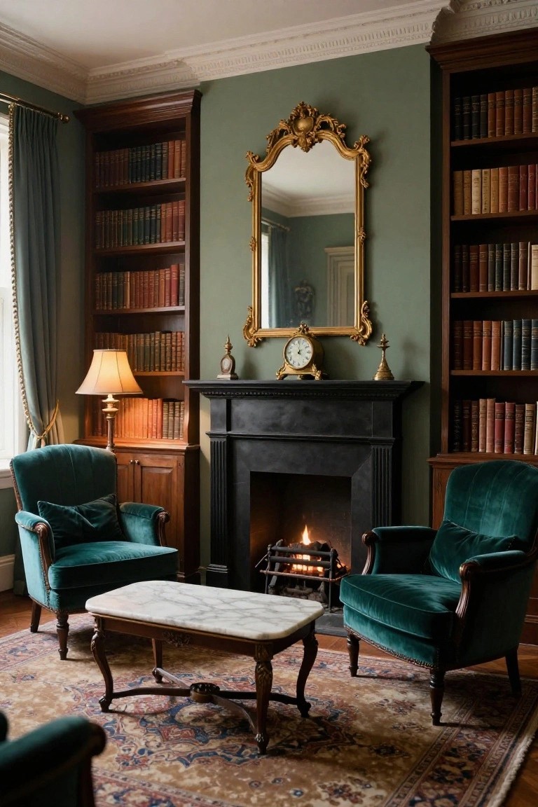 Green-painted library interior with tall dark wood bookshelves filled with books, black marble fireplace with lit fire, two emerald green velvet armchairs facing each other across a white marble-topped table, gold-framed mirror and clock above the mantel.
