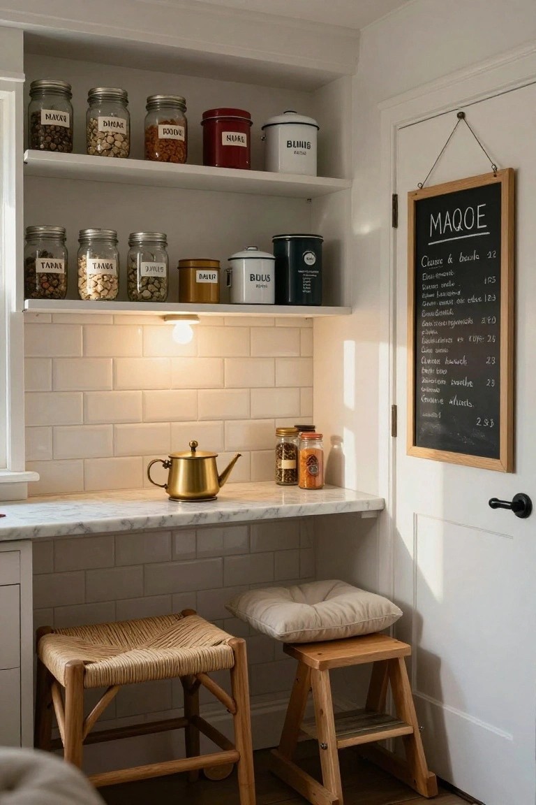 White kitchen pantry nook with open shelves stocked with labeled glass jars and metal tins of dry goods, brass teapot and spice jars on marble counter, rattan and wood stools below, subway tile backsplash, and chalkboard menu beside wooden door.