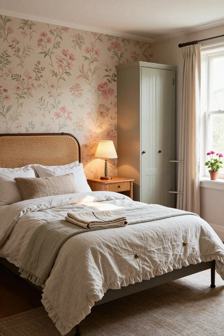 Bedroom with pale pink floral wallpaper on walls, rattan headboard bed dressed in white and gray linens with ruffles, bedside table with lamp, tall sage green wardrobe, window with cream curtains and potted plant.