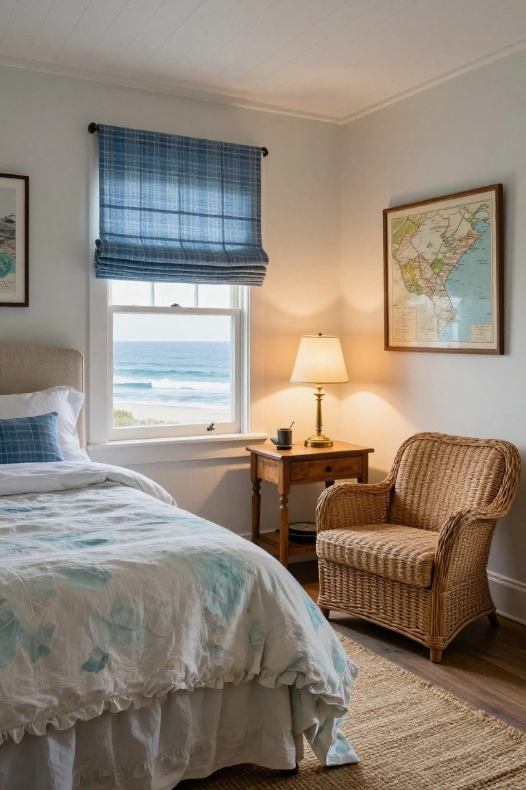Cozy bedroom with white beadboard ceiling and walls, blue plaid roman shade partially raised on double sash window showing ocean view with waves and beach, beige upholstered bed with white and blue linens, wooden nightstand holding brass lamp and mug, rattan armchair, and framed vintage map on wall.