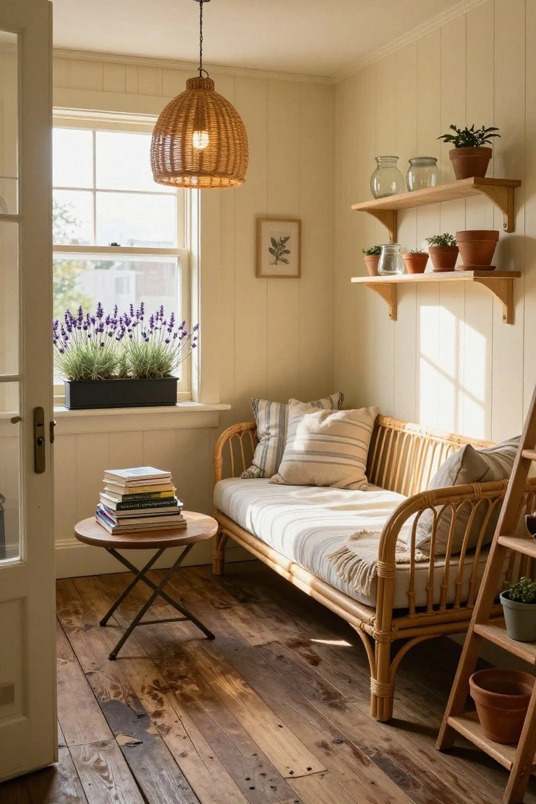 Light cream paneled room with rattan daybed piled with cushions and throw, small round table holding stacked books, plants in pots and window box, woven pendant lamp, and open door.