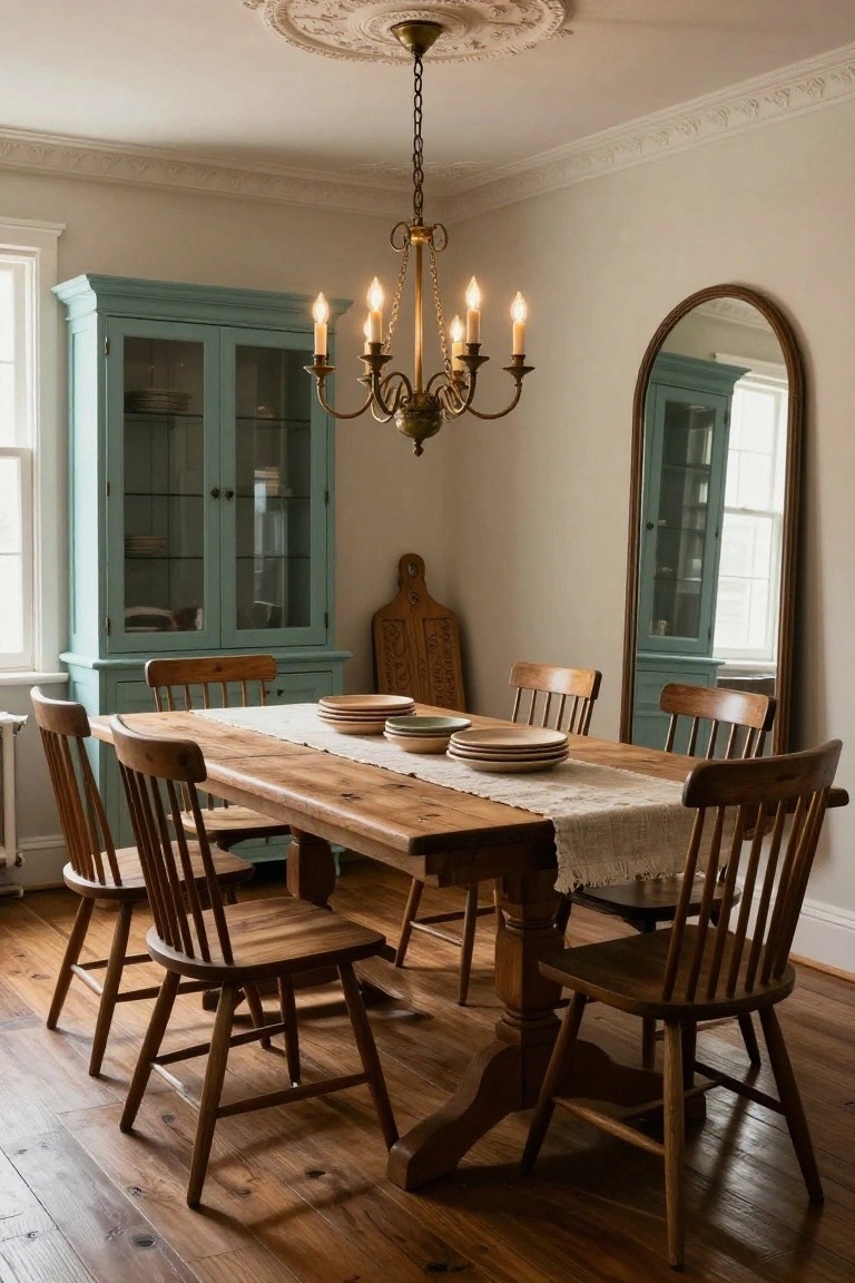 Dining room interior with a long rustic wooden table covered by a white linen runner and stacked plates, surrounded by wooden ladderback chairs, turquoise glass-door cabinet, arched wood mirror, brass chandelier, and wooden cutting board on wall.