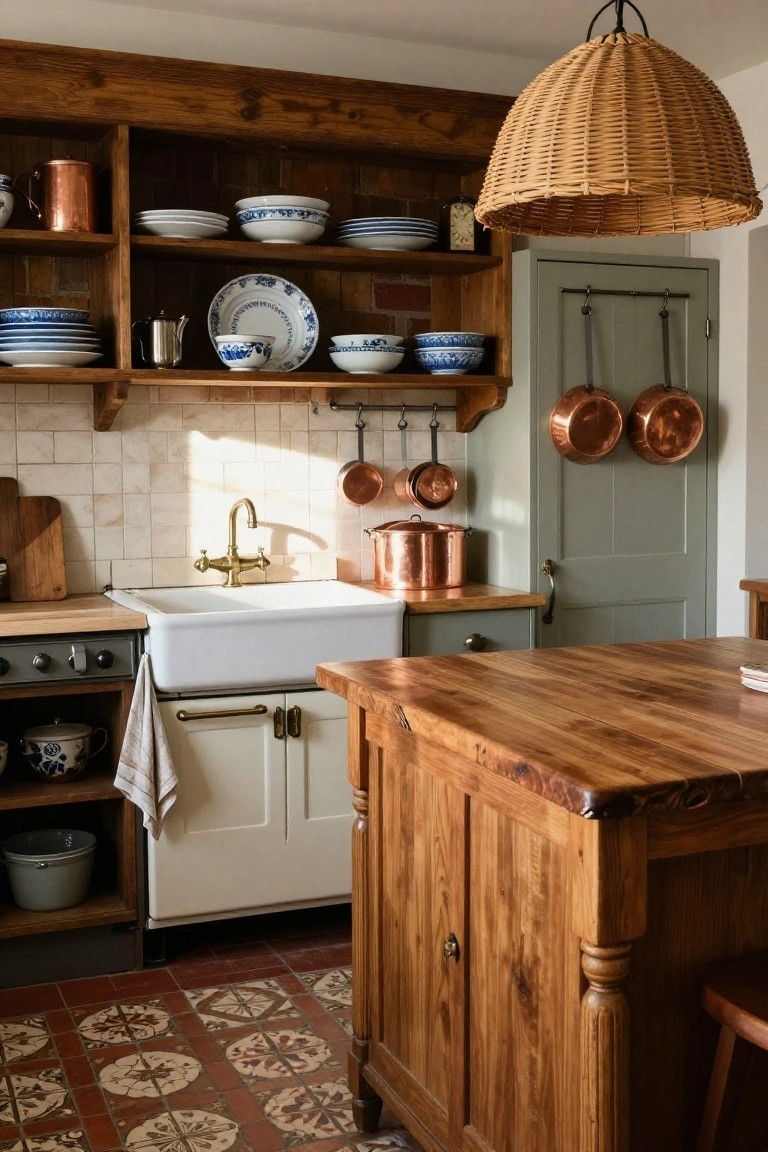 Vintage kitchen with central wooden island, farmhouse sink, open wood shelves stocked with blue and white china, hanging copper pots and pans, brass faucet, and patterned terracotta floor tiles.