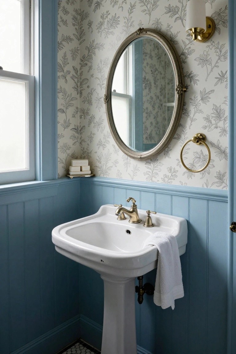 Corner of a vintage bathroom with light blue painted wainscoting on lower walls, gray floral wallpaper above a chair rail, white pedestal sink with gold faucets and towel, oval mirror, and sconce next to a window.