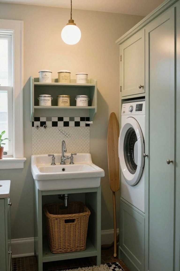 Laundry room interior with sage green painted wooden cabinets and sink stand, white porcelain utility sink, front-loading washer, open shelves holding vintage tins, woven basket under sink, and checkered tile backsplash.