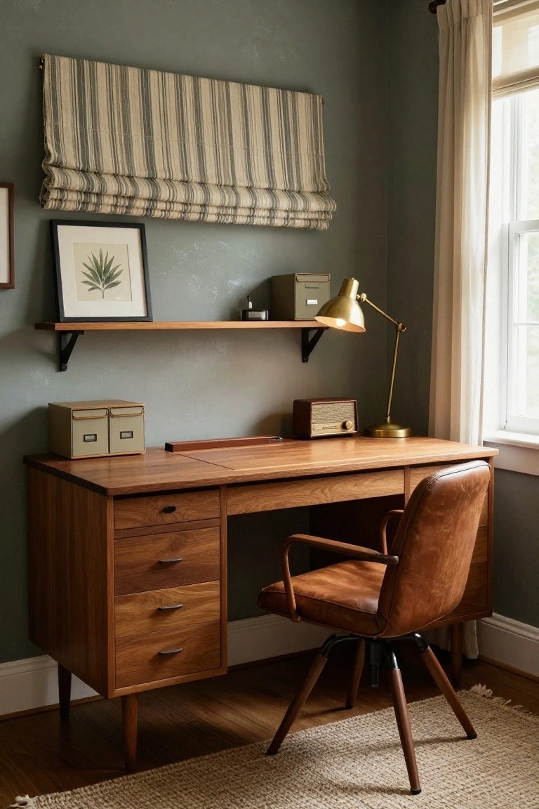 Sage green corner of a home office with mid-century modern wooden desk, brown leather swivel chair, brass gooseneck lamp, wooden radio, beige file boxes, and striped roman shade over a window.