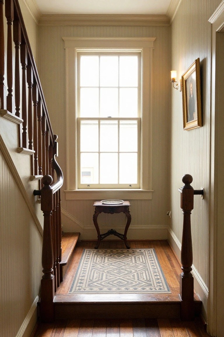 Narrow interior hallway with beige vertical wood paneling on walls, wooden staircase with turned balusters, small antique table on landing holding a plate, patterned rug, large multi-pane window, wall lamp, and framed portrait.