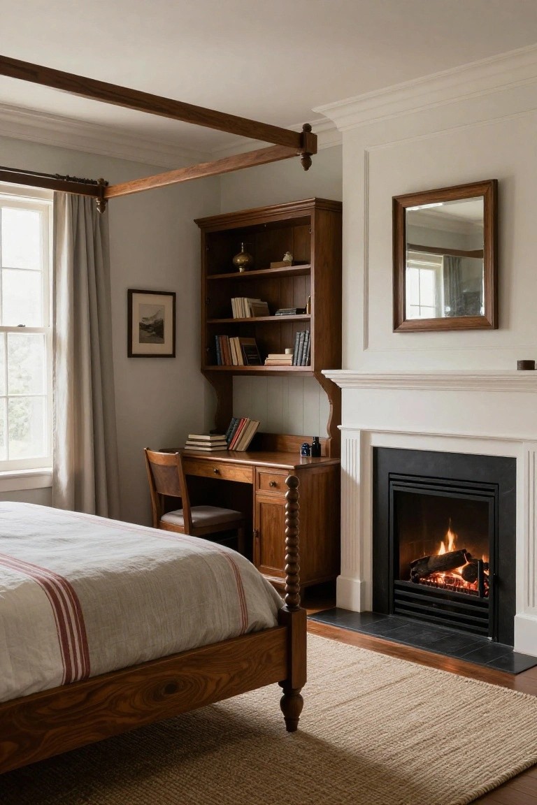 A traditional bedroom with a four-poster wood bed, built-in wooden bookcase and desk beside a lit black fireplace, neutral walls, window with curtains, and hardwood floor.