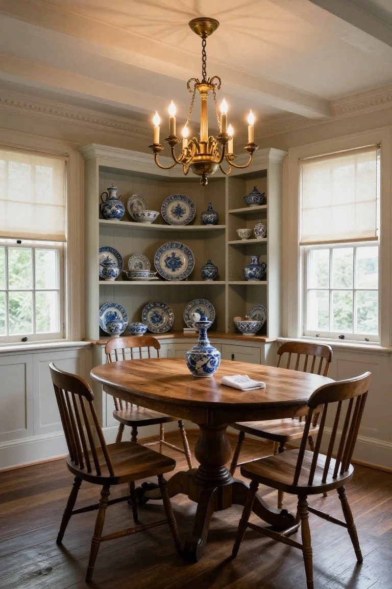 Corner built-in cabinets in a white-walled dining room displaying blue and white porcelain plates, bowls, and vases on open shelves, with an oval wooden table, wooden chairs, and a brass chandelier overhead.