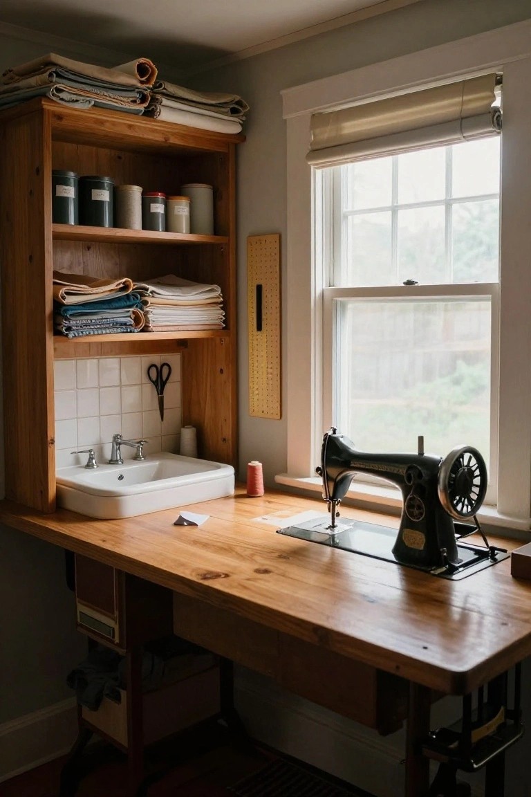 Wooden built-in cabinetry with open shelves of fabrics and jars, a white sink, scissors, and black vintage sewing machine on an oak worktable beside a window.