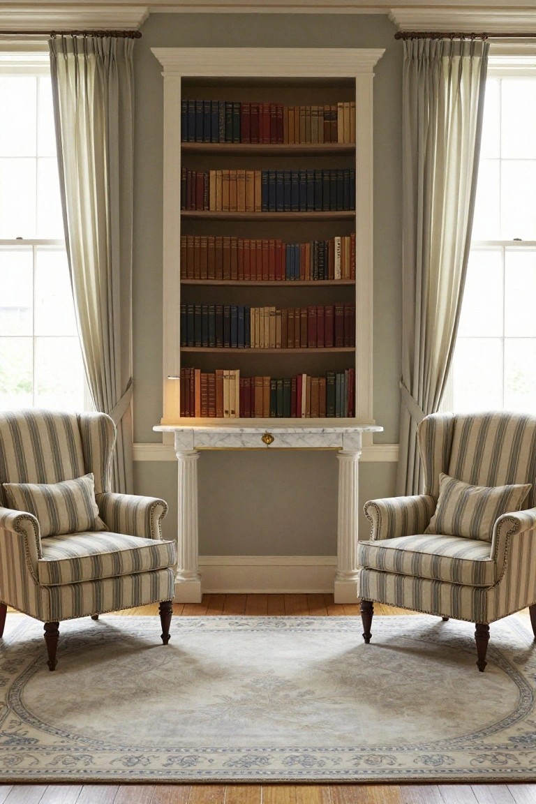 Pair of striped wingback armchairs on a round rug facing a marble mantel between tall white built-in bookcases in a pale green room with large curtained windows and hardwood floors.