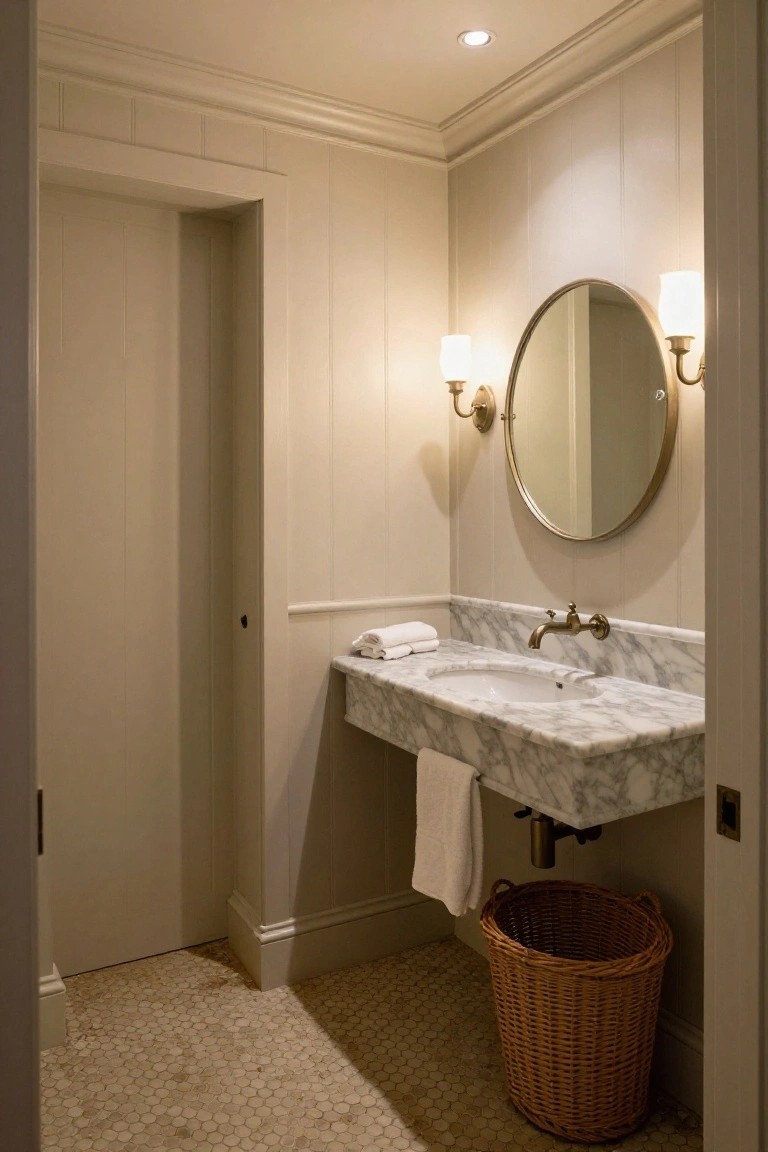 Small interior bathroom with light beige vertical wood paneling on walls and ceiling, wall-mounted white marble sink with brass gooseneck faucet, gold round mirror flanked by matching sconces, folded white towels, hanging towel, wicker wastebasket, and beige hexagonal tile floor.
