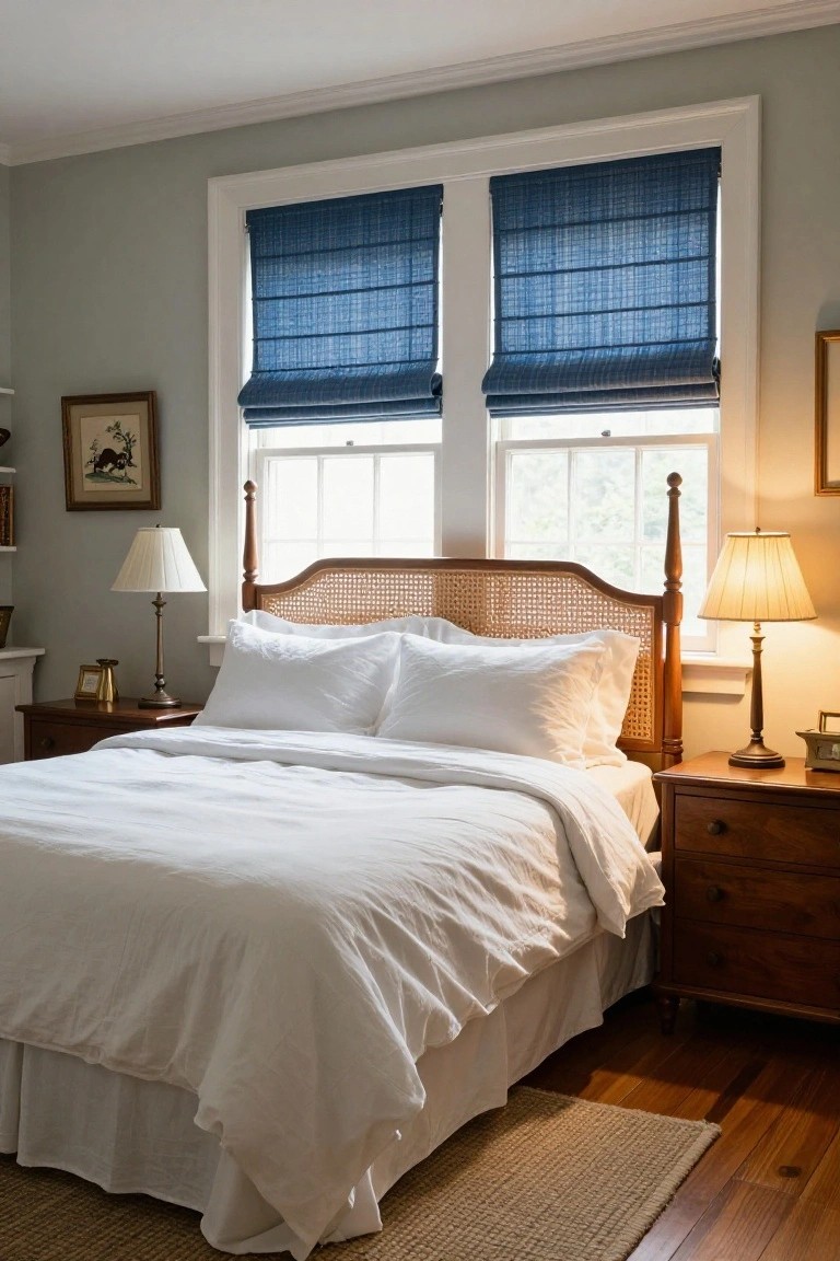 Bedroom interior with rattan headboard bed dressed in white linens, blue woven roman shades on two windows, wood nightstands with lamps, and hardwood floors.