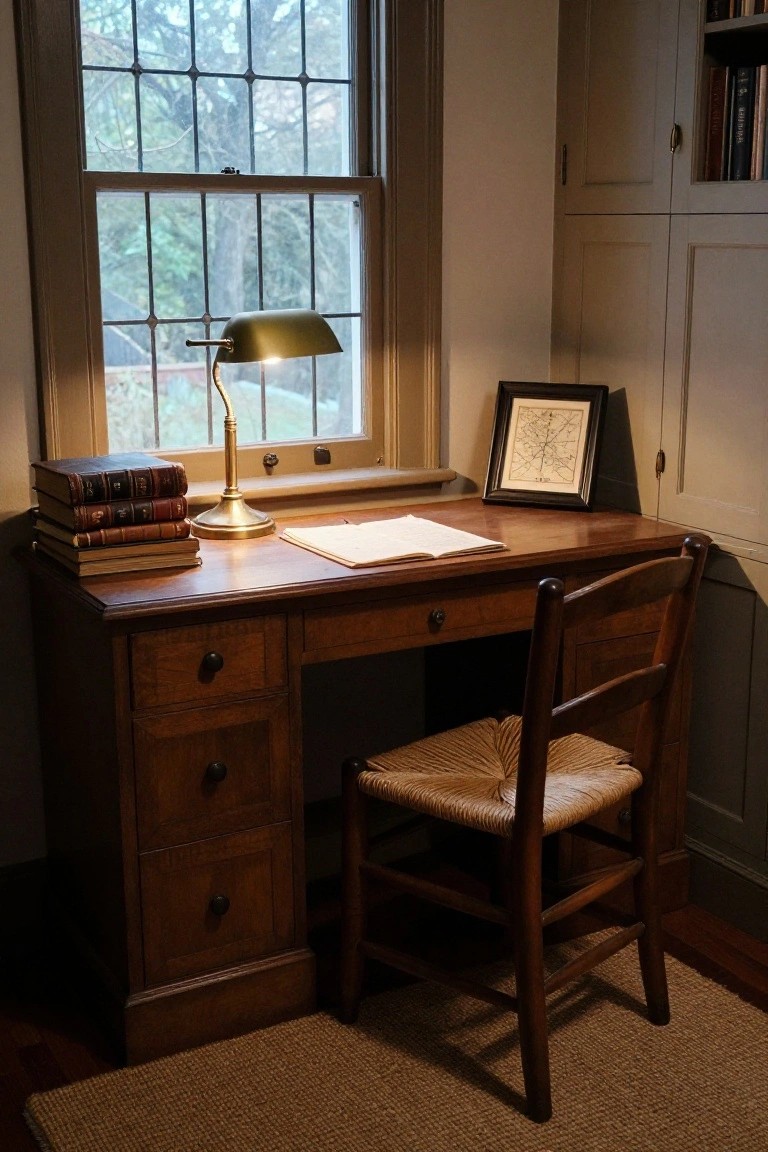 Wooden desk in room corner with stacked leather-bound books, open notebook, green banker's lamp, framed map, rush-seat wooden chair, built-in shelves, and window with trees outside.