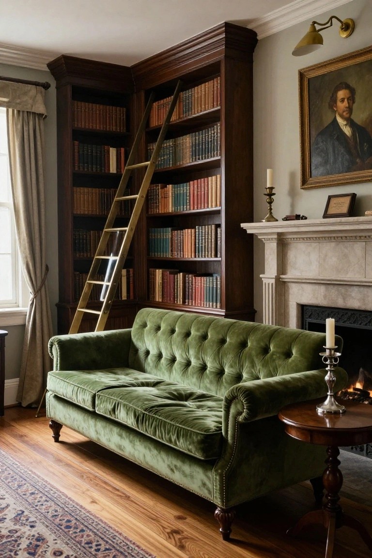Interior view of a traditional library room with tall wooden corner bookshelves, rolling gold ladder, green velvet sofa, marble fireplace, and antique side table.