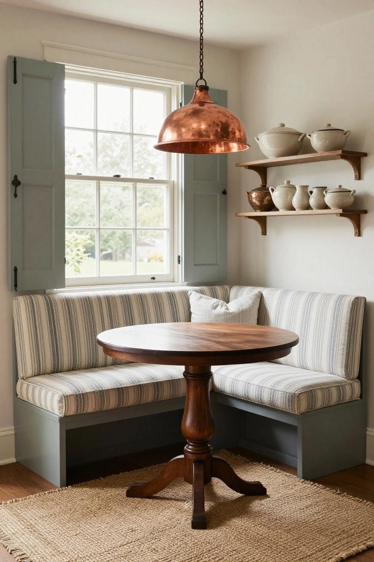 Corner banquette with blue-and-white striped cushions and round wooden pedestal table in a light kitchen nook with open shutters on the window and shelves of white and copper pots.