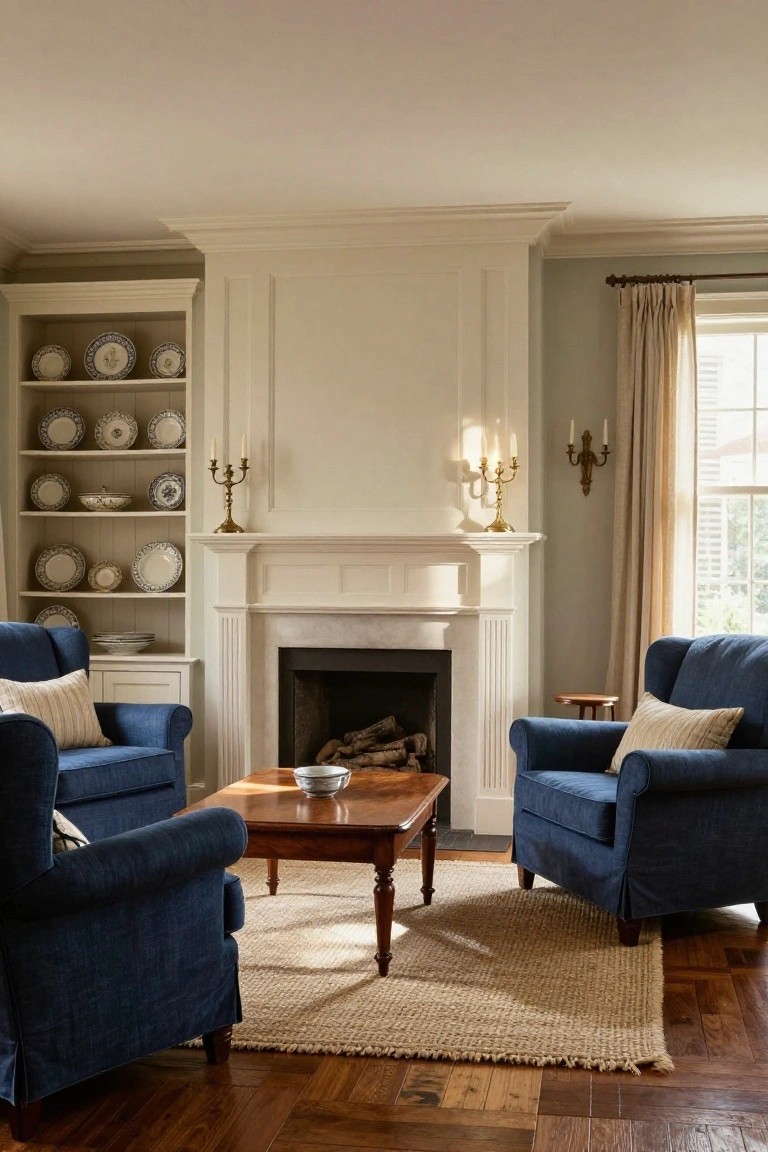 Living room with two navy blue slipcovered armchairs facing a white stone fireplace, wooden coffee table between them holding a bowl, built-in white cabinetry displaying blue and white dishes, beige rug on hardwood floors, and window with cream drapes.