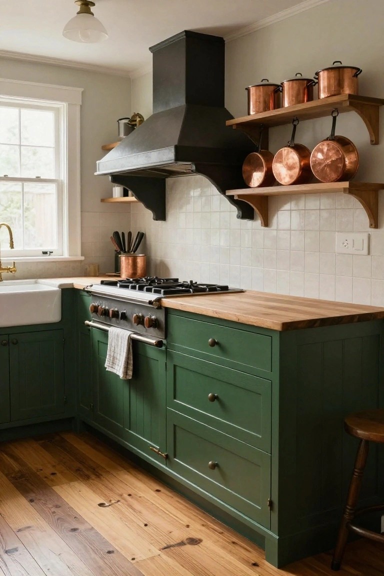 Kitchen corner with deep green lower cabinets, light wood butcher block countertop, white subway tile backsplash, stainless steel gas range, farmhouse sink, copper pots on wooden wall shelves, and wooden stool nearby.