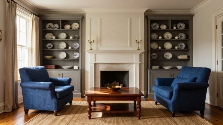 20 American Colonial Interior Design Ideas for a Traditional Look Living room with two navy blue slipcovered armchairs facing a white stone fireplace, wooden coffee table between them holding a bowl, built-in white cabinetry displaying blue and white dishes, beige rug on hardwood floors, and window with cream drapes.