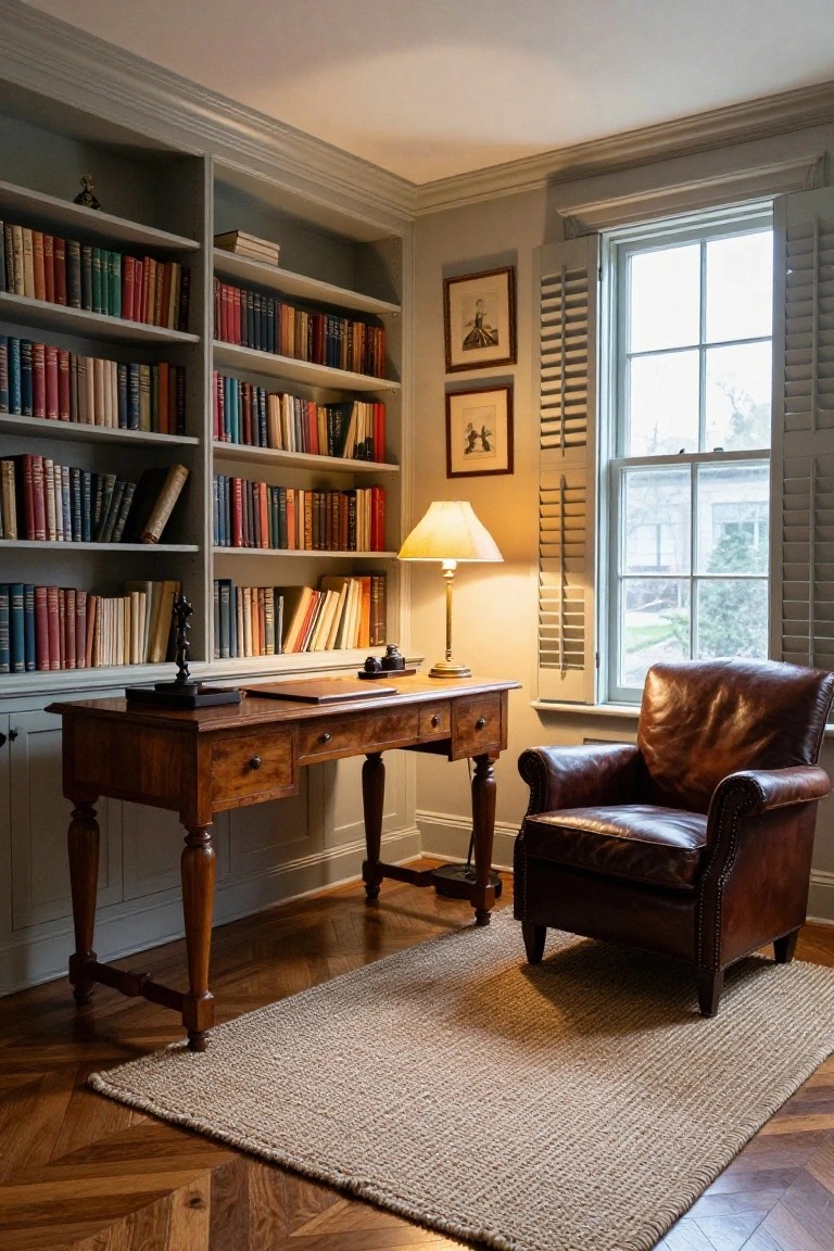 A traditional study with tall gray-painted bookshelves filled with books on three walls, wooden desk with brass lamp and leather armchair, beige rug on herringbone wood floor, and window with shutters.