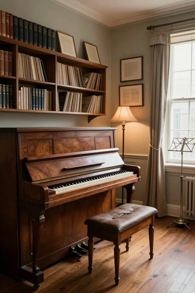 Sage green corner room interior featuring a dark wood upright piano with open lid, floor-to-ceiling wooden bookshelves filled with books, a leather piano bench, a fringed lamp, framed artwork, a window with cream curtains, and a music stand.
