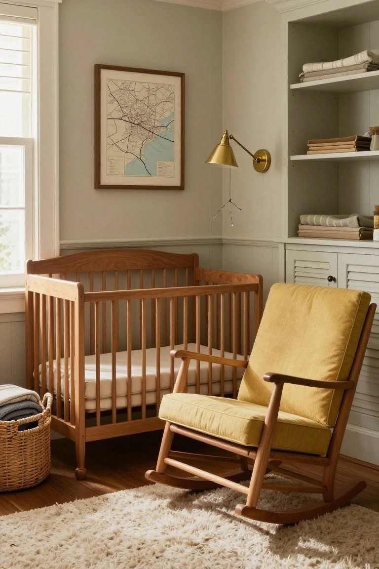 Nursery interior with wooden crib, yellow upholstered wooden rocking chair beside it, built-in white cabinetry, brass wall lamp, framed map artwork, and pale green walls.
