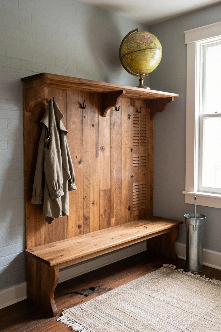 Wooden wall-mounted coat rack with bench seat, hooks holding a beige coat and jacket, louvered lockers, brass globe on top shelf, umbrella stand, and seagrass rug on wood floor next to light gray brick wall and window