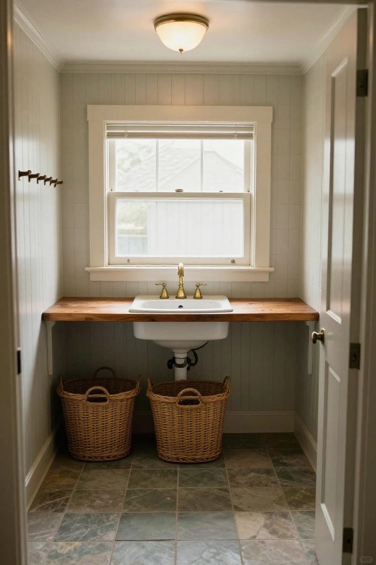 Small laundry room with light gray shiplap walls, wooden countertop supporting white farmhouse sink and brass faucet, two wicker laundry baskets on slate tile floor, double-hung window, coat hooks, and open door.