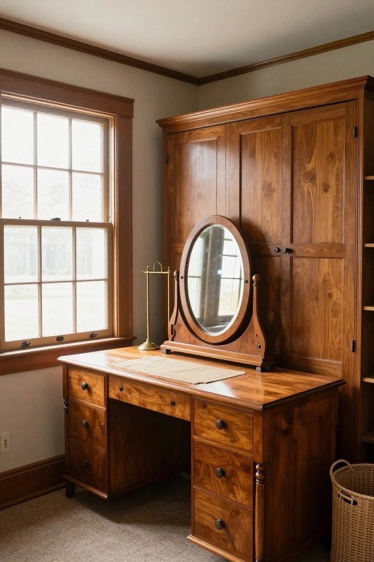 Wooden desk with drawers and oval mirror on a stand next to brass lamp holder, beside tall wooden armoire with doors and open shelves, in beige room with window and wicker basket on floor.