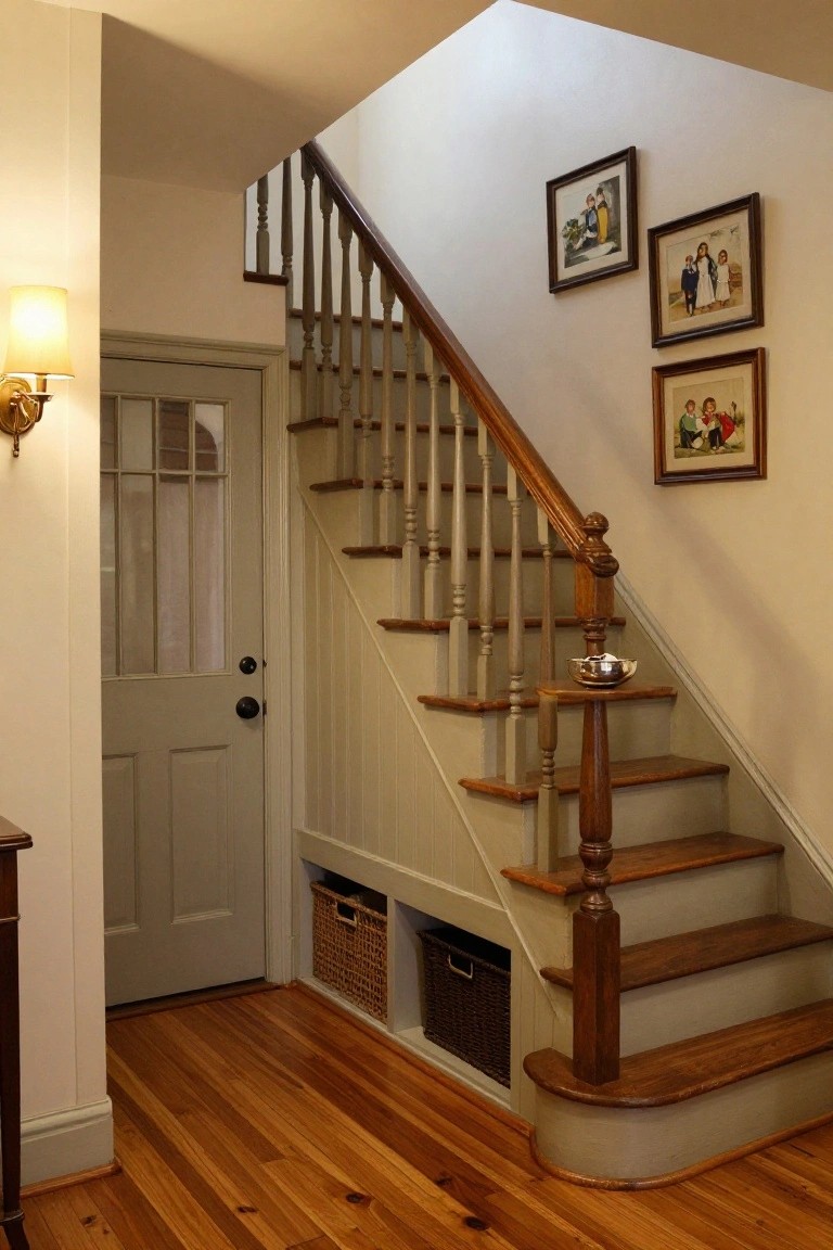 Interior of a wooden staircase with wicker baskets in under-stair storage compartments, hardwood floors, a gray door with glass panels, and framed pictures on the wall.
