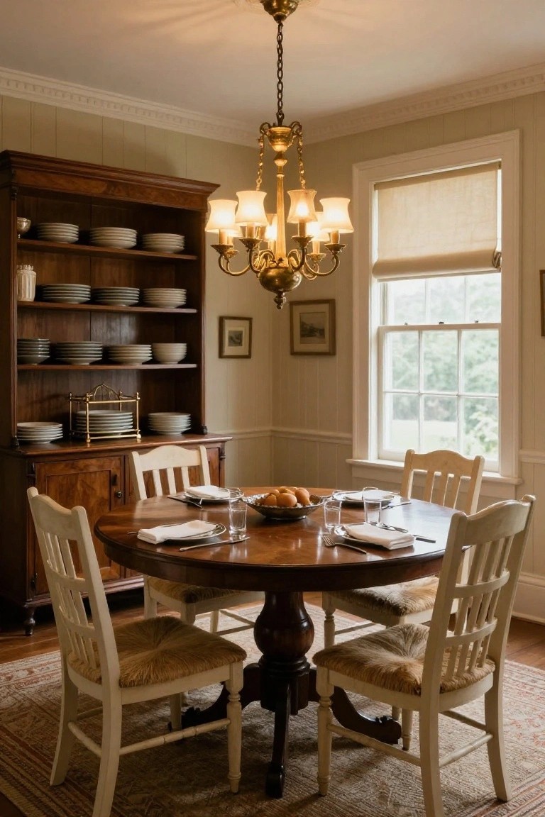 Dining room interior featuring a tall wooden hutch displaying stacked white plates and bowls, a round wooden pedestal table set with glassware and oranges, white ladderback chairs with rush seats, brass chandelier, and pale green paneled walls with a window.