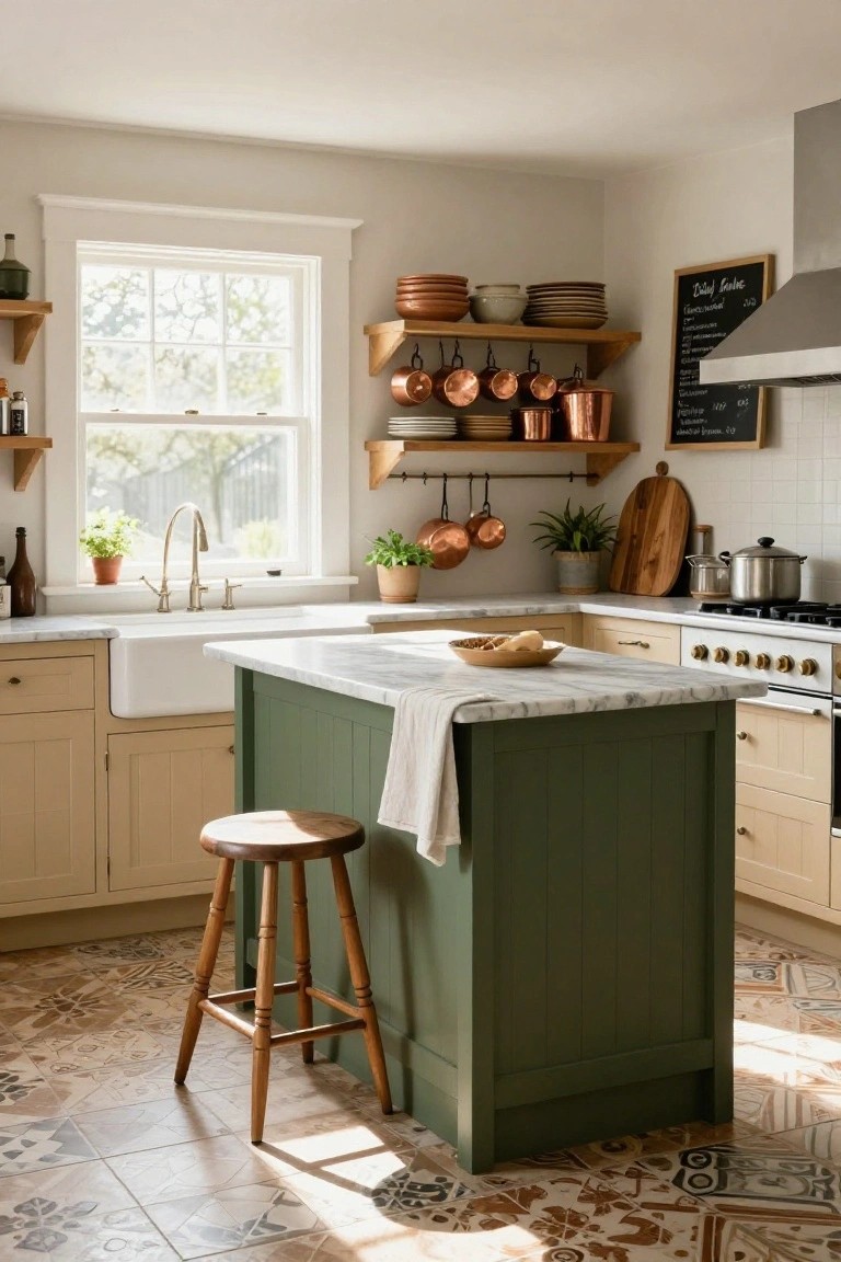 Kitchen with central green-painted island topped in white marble, wood stool, cream cabinets, white farmhouse sink, copper pots on wooden shelves, and patterned tile floor.