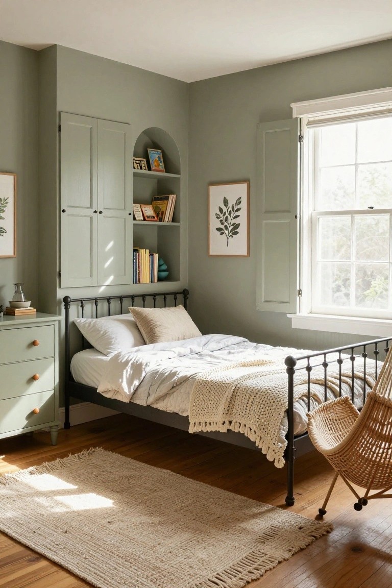 Bedroom interior with sage green walls and matching built-in cabinet featuring arched open shelving stocked with books and decor, black iron bed with white bedding, green dresser, rattan chair, and window with shutters.