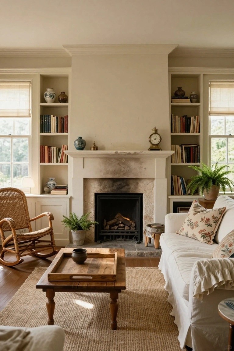 Cozy living room interior featuring a stone fireplace flanked by built-in wooden bookshelves filled with books, ceramics, and plants, with a white slipcovered sofa, rattan rocking chair, wooden coffee table, and seagrass rug.