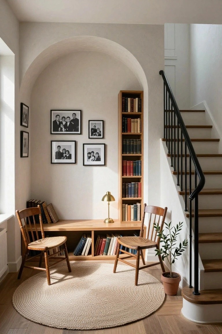 White arched alcove with built-in wooden bookshelves, a low wooden table holding a brass lamp and books, two wooden chairs with cane seats, framed black-and-white family photos on the wall, a potted plant nearby, and a black metal staircase railing in the background.