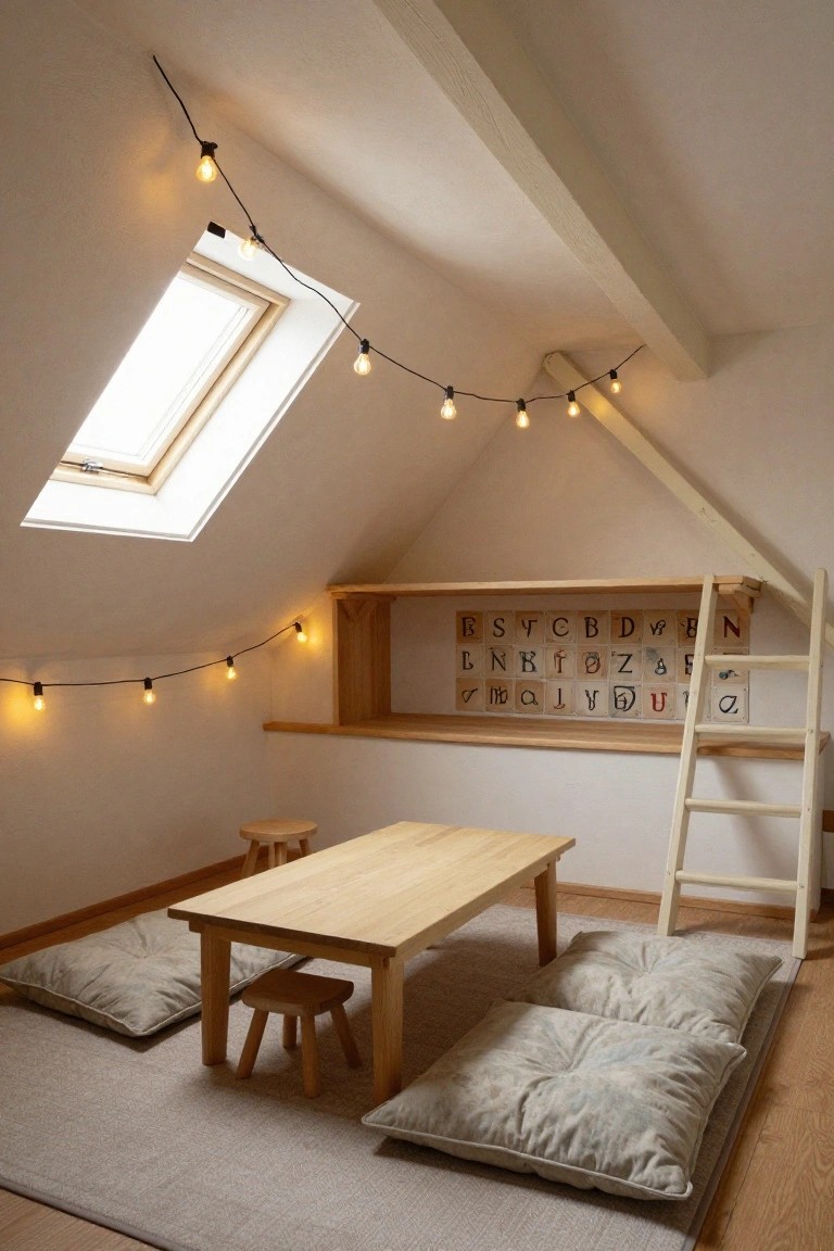 Attic room with white sloped ceilings, skylight, hanging string lights, low wooden table, small stools, floor cushions, built-in wooden shelves with colorful letter tiles, and a wooden ladder.