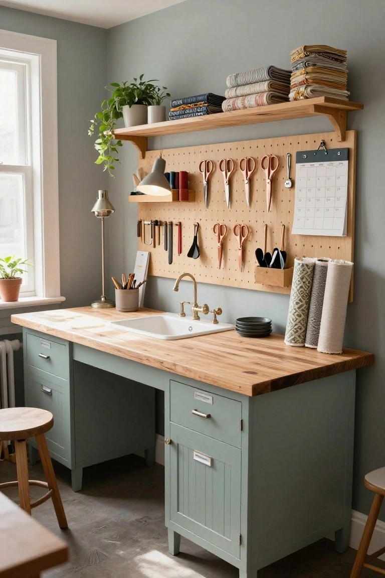 Sage green wooden workbench with white sink, pegboard wall holding scissors and tools, fabric rolls on shelves, potted plants, and wooden stools in a room with window light.