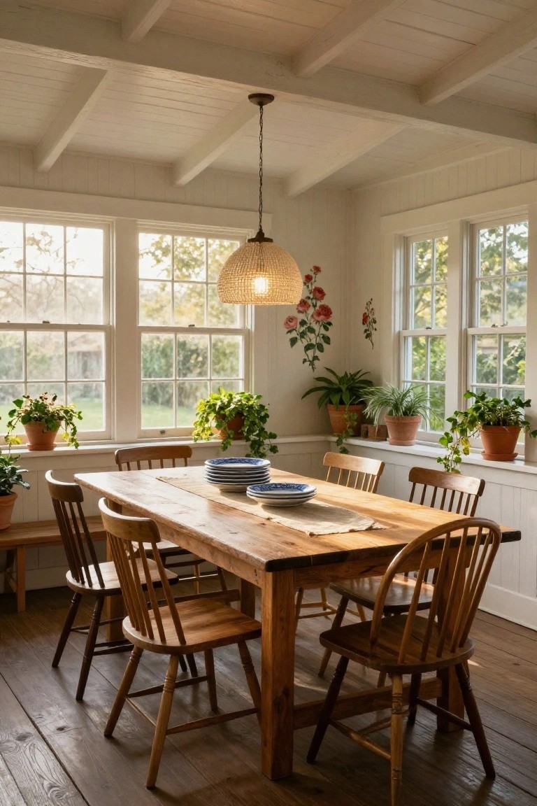 Sunlit cottage dining room with rectangular wooden farmhouse table, six wooden ladderback chairs, stacked blue plates on table, potted plants on windowsills and floors, white paneled walls, large multipane windows, rattan pendant light, and greenery outside.